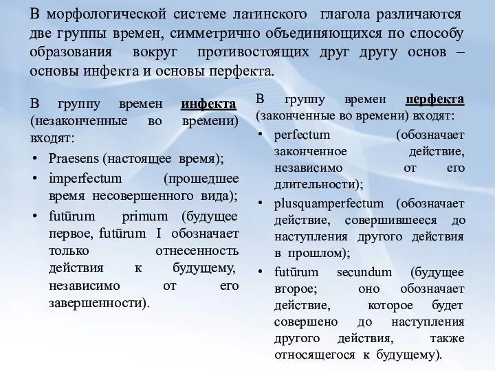 В морфологической системе латинского глагола различаются две группы времен, симметрично объединяющихся