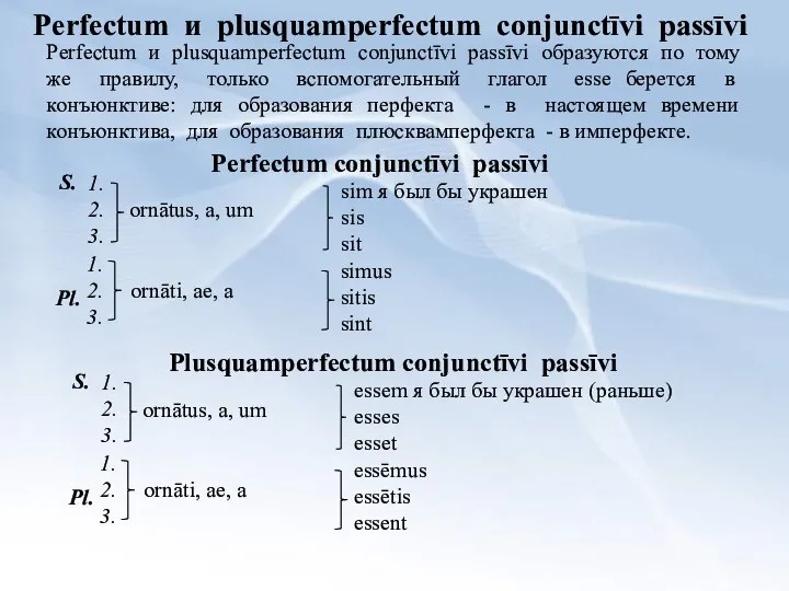 Perfectum и plusquamperfectum conjunctīvi passīvi Perfectum и plusquamperfectum conjunctīvi passīvi образуются