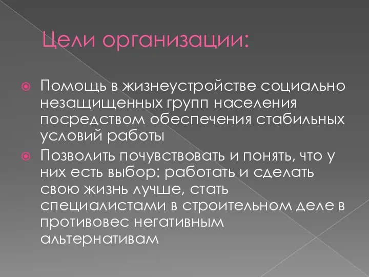 Цели организации: Помощь в жизнеустройстве социально незащищенных групп населения посредством обеспечения