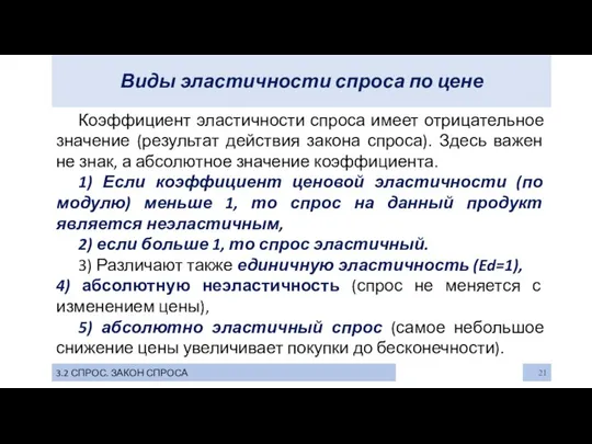 Виды эластичности спроса по цене 3.2 СПРОС. ЗАКОН СПРОСА Коэффициент эластичности