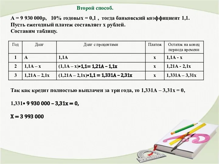 Второй способ. А = 9 930 000р, 10% годовых = 0,1