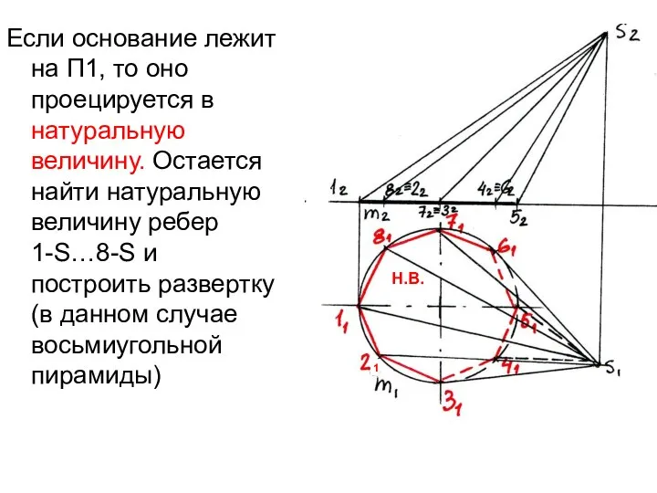 Если основание лежит на П1, то оно проецируется в натуральную величину.