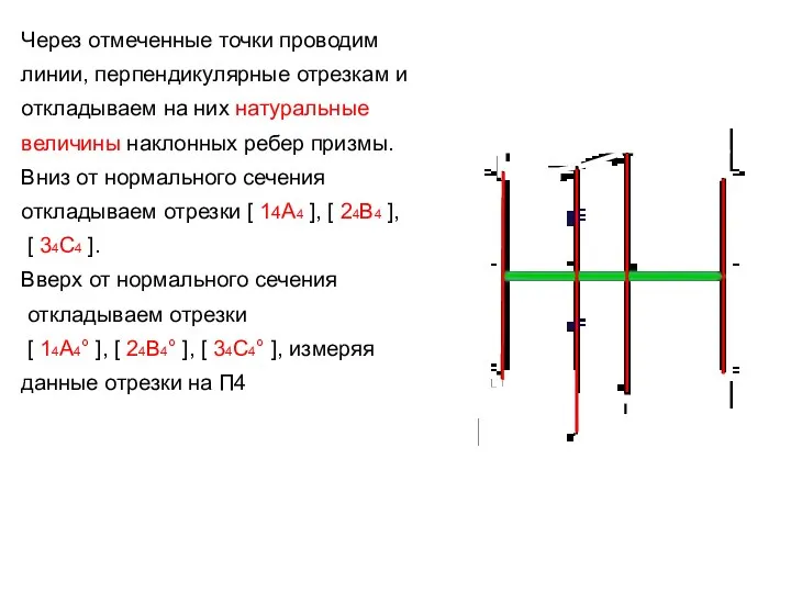 Через отмеченные точки проводим линии, перпендикулярные отрезкам и откладываем на них