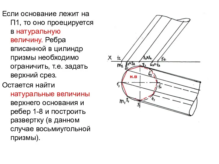 Если основание лежит на П1, то оно проецируется в натуральную величину.