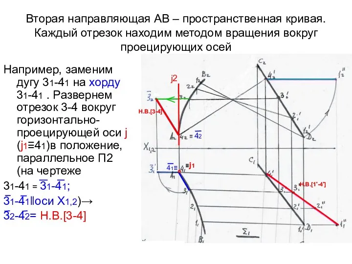 Вторая направляющая АВ – пространственная кривая. Каждый отрезок находим методом вращения