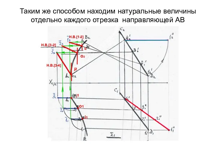 Таким же способом находим натуральные величины отдельно каждого отрезка направляющей АВ