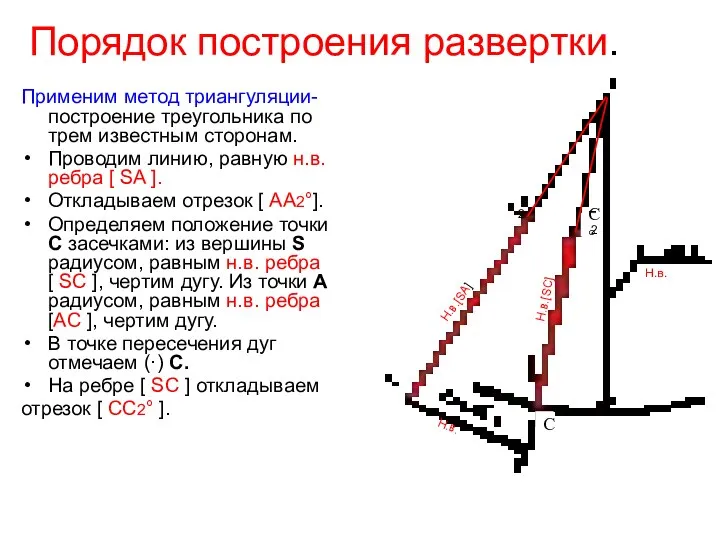 С С° Порядок построения развертки. Применим метод триангуляции- построение треугольника по