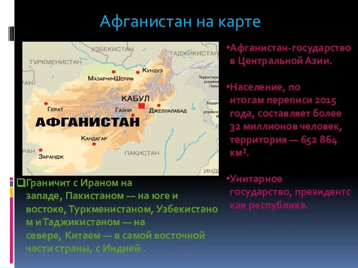 Афганистан на карте Афганистан-государство в Центральной Азии. Население, по итогам переписи