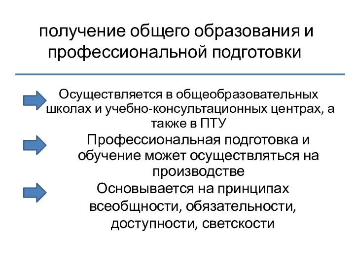 получение общего образования и профессиональной подготовки Осуществляется в общеобразовательных школах и