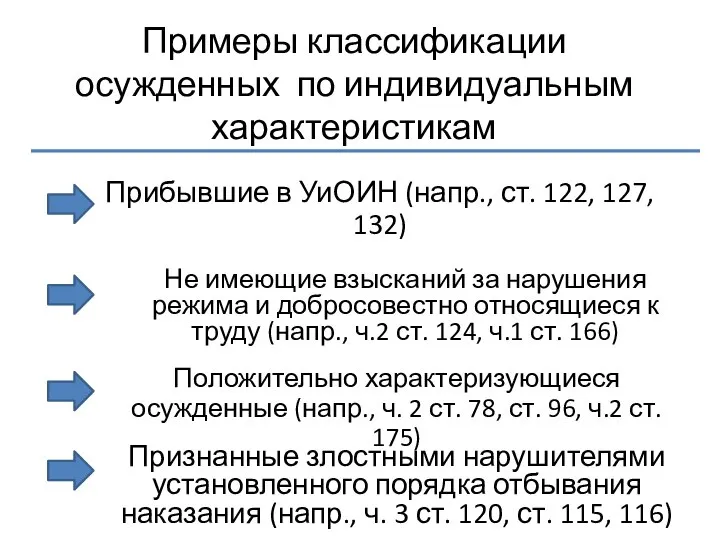 Примеры классификации осужденных по индивидуальным характеристикам Прибывшие в УиОИН (напр., ст.