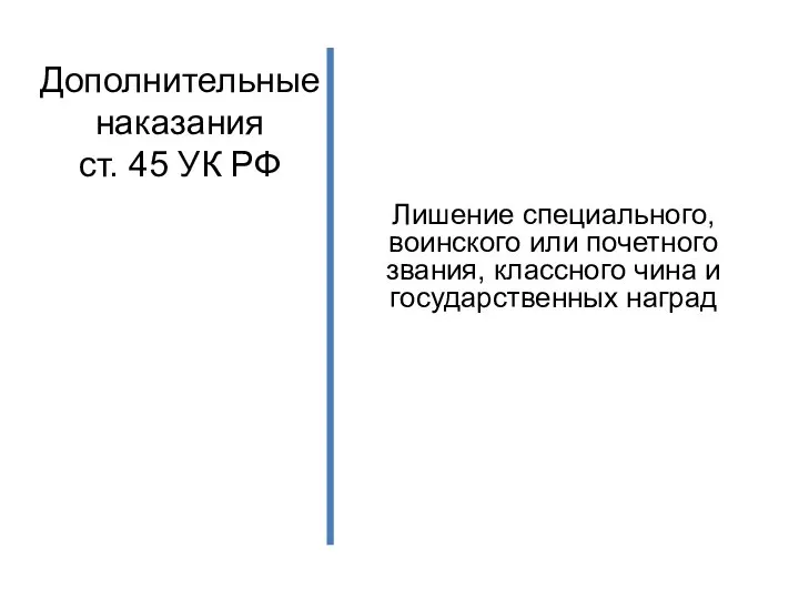 Дополнительные наказания ст. 45 УК РФ Лишение специального, воинского или почетного