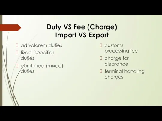 Duty VS Fee (Charge) Import VS Export ad valorem duties fixed