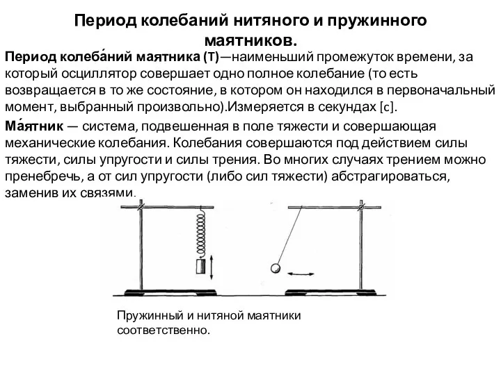 Период колебаний нитяного и пружинного маятников. Период колеба́ний маятника (T)—наименьший промежуток