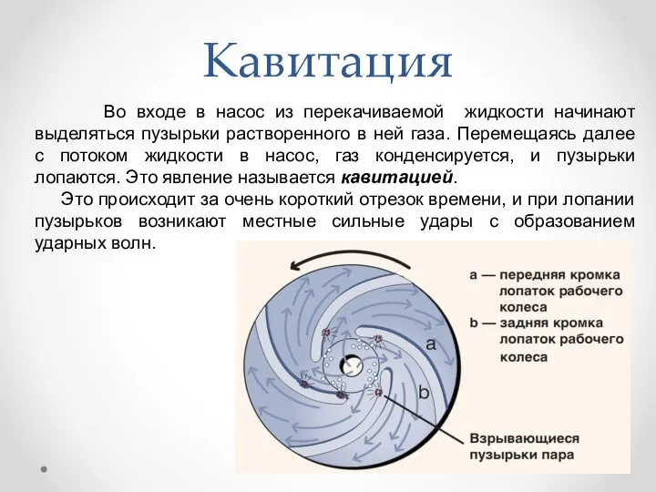 Кавитация Во входе в насос из перекачиваемой жидкости начинают выделяться пузырьки