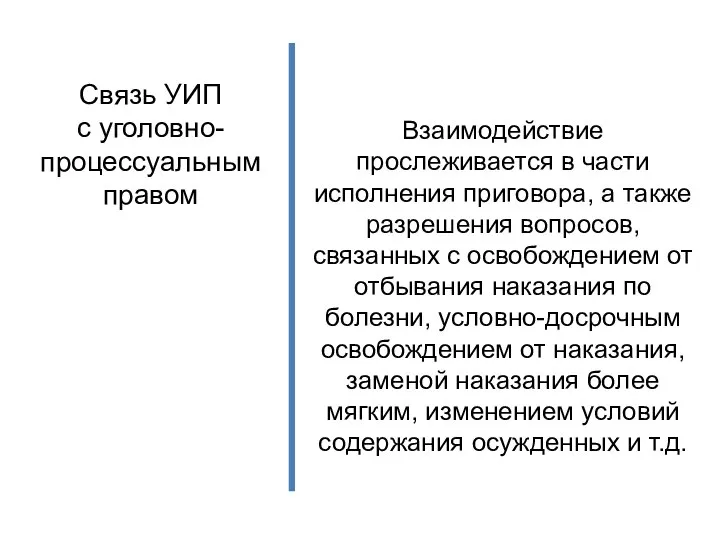 Связь УИП с уголовно-процессуальным правом Взаимодействие прослеживается в части исполнения приговора,