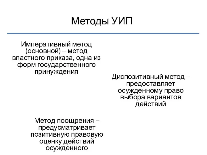 Методы УИП Императивный метод (основной) – метод властного приказа, одна из