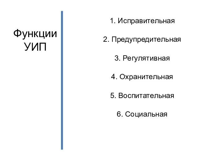 Функции УИП 1. Исправительная 2. Предупредительная 3. Регулятивная 4. Охранительная 5. Воспитательная 6. Социальная