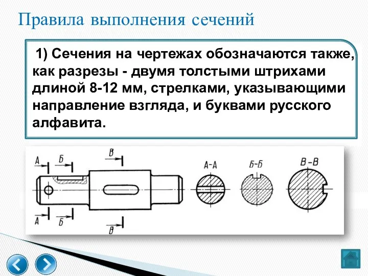 Правила выполнения сечений 1) Сечения на чертежах обозначаются также, как разрезы