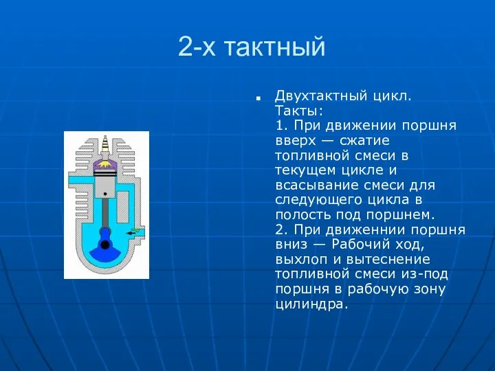 2-х тактный Двухтактный цикл. Такты: 1. При движении поршня вверх —