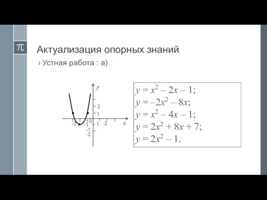 Актуализация опорных знаний Устная работа : а) у = х2 –