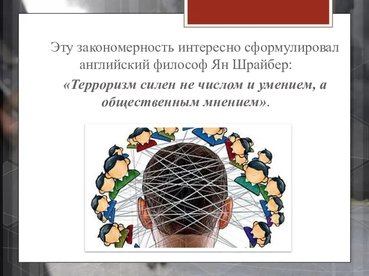 Эту закономерность интересно сформулировал английский философ Ян Шрайбер: «Терроризм силен не