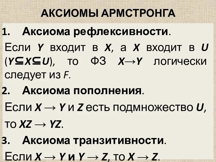 АКСИОМЫ АРМСТРОНГА Аксиома рефлексивности. Если Y входит в X, а X