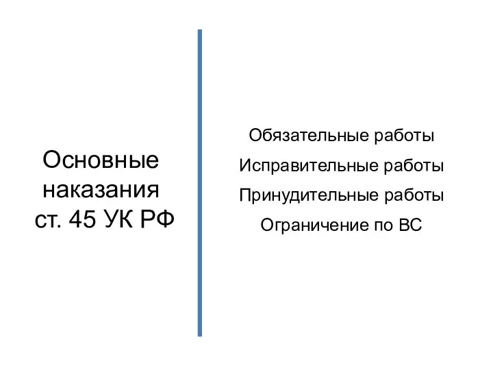 Основные наказания ст. 45 УК РФ Обязательные работы Исправительные работы Принудительные работы Ограничение по ВС