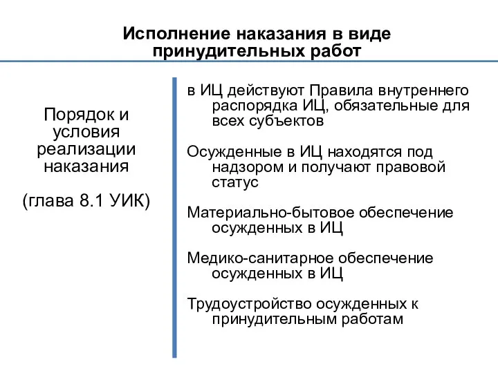 Исполнение наказания в виде принудительных работ Порядок и условия реализации наказания