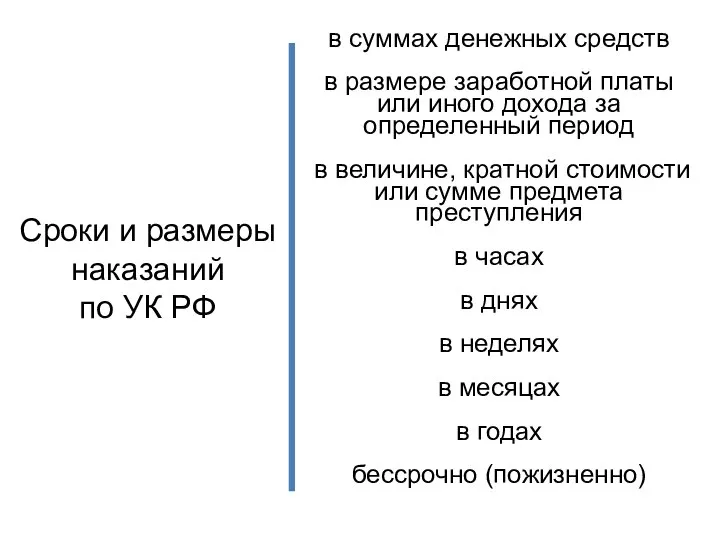 Сроки и размеры наказаний по УК РФ в суммах денежных средств
