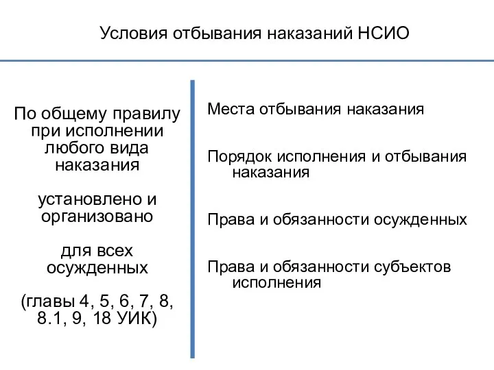 Условия отбывания наказаний НСИО По общему правилу при исполнении любого вида