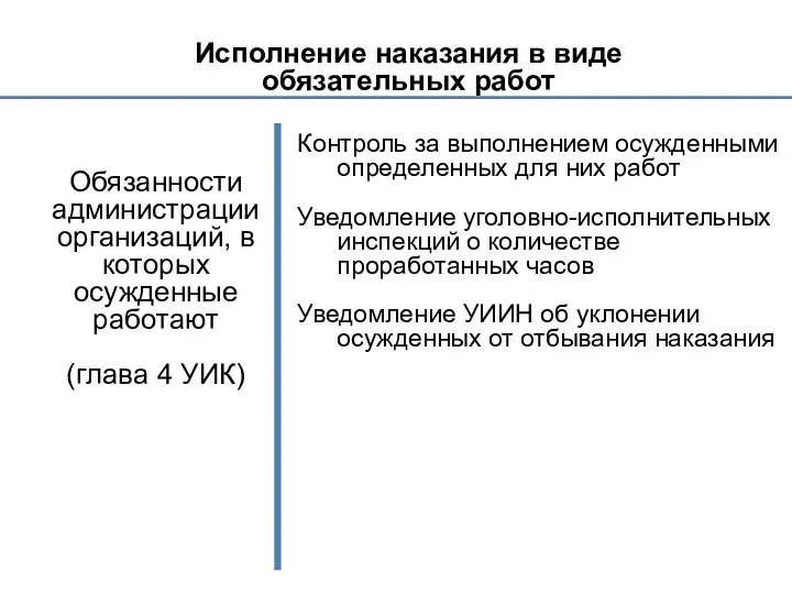 Исполнение наказания в виде обязательных работ Обязанности администрации организаций, в которых