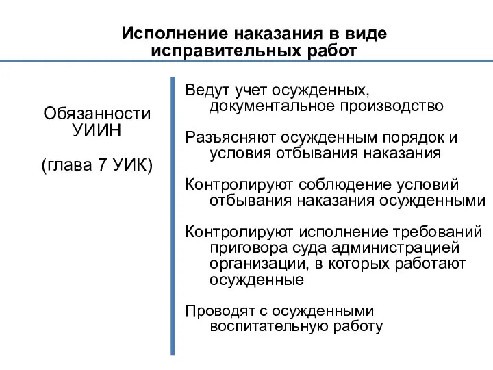 Исполнение наказания в виде исправительных работ Обязанности УИИН (глава 7 УИК)