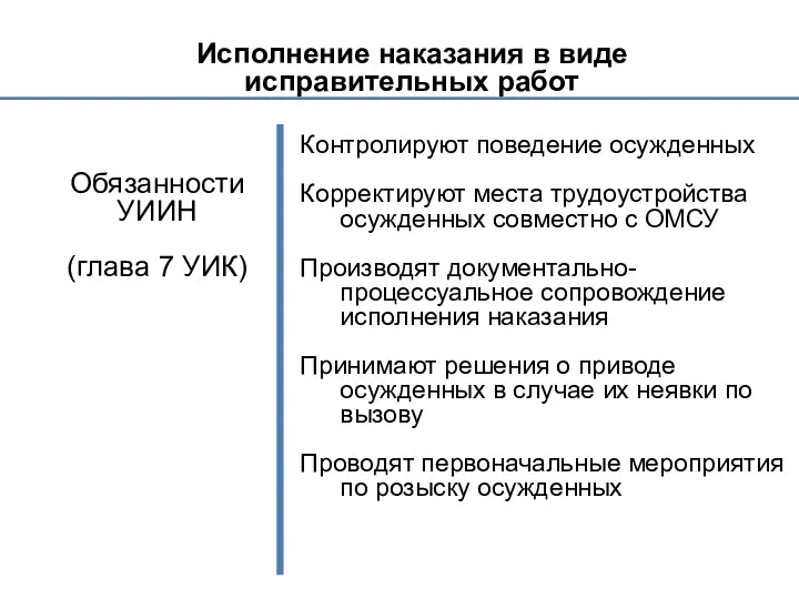 Исполнение наказания в виде исправительных работ Обязанности УИИН (глава 7 УИК)