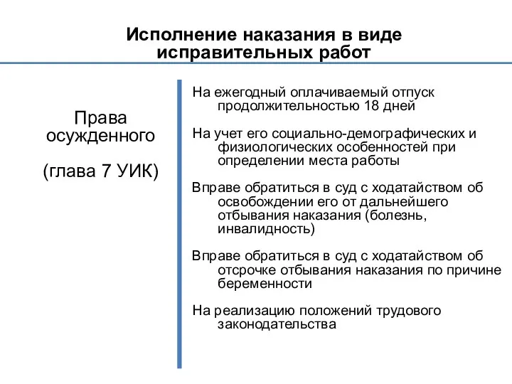 Исполнение наказания в виде исправительных работ Права осужденного (глава 7 УИК)