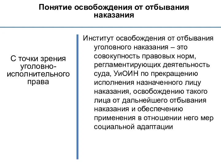 Понятие освобождения от отбывания наказания С точки зрения уголовно-исполнительного права Институт