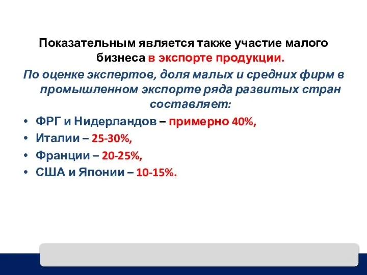 Показательным является также участие малого бизнеса в экспорте продукции. По оценке