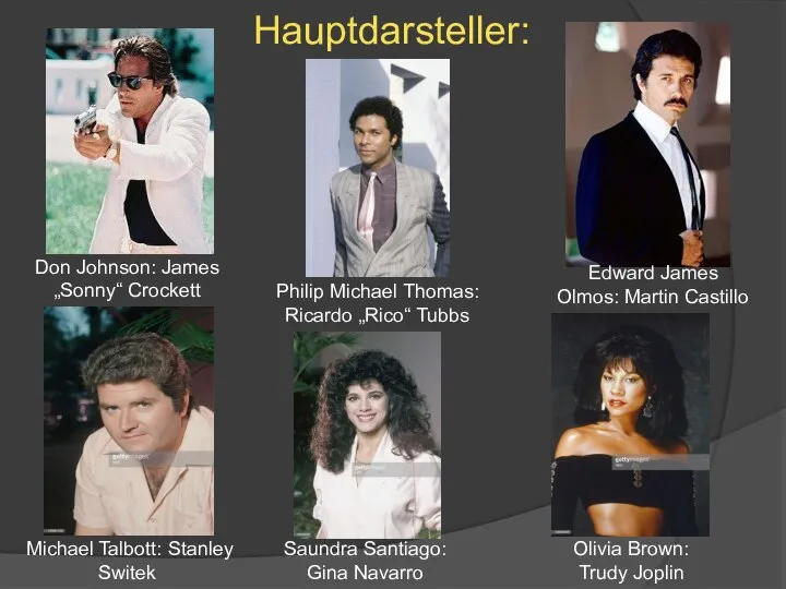 Hauptdarsteller: Don Johnson: James „Sonny“ Crockett Philip Michael Thomas: Ricardo „Rico“