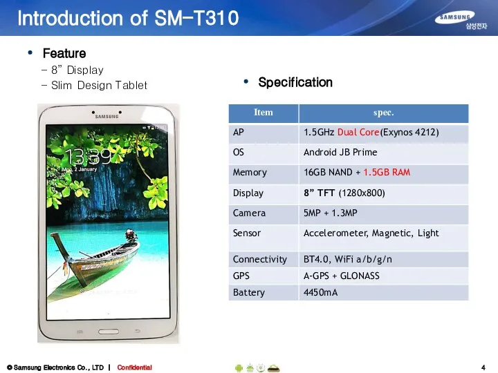 Introduction of SM-T310 Specification Feature - 8” Display - Slim Design Tablet