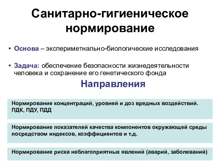 Санитарно-гигиеническое нормирование Основа – экспериметнально-биологические исследования Задача: обеспечение безопасности жизнедеятельности человека