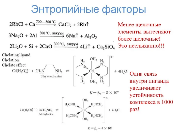 Энтропийные факторы Менее щелочные элементы вытесняют более щелочные! Это неслыханно!!! Одна