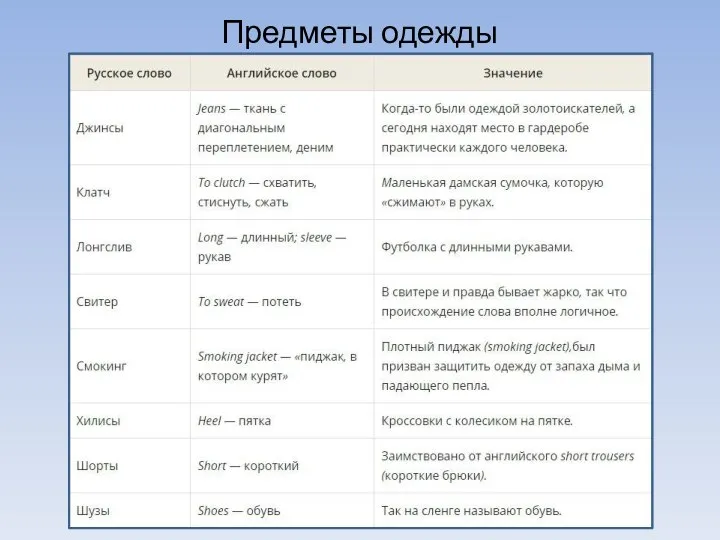 Предметы одежды