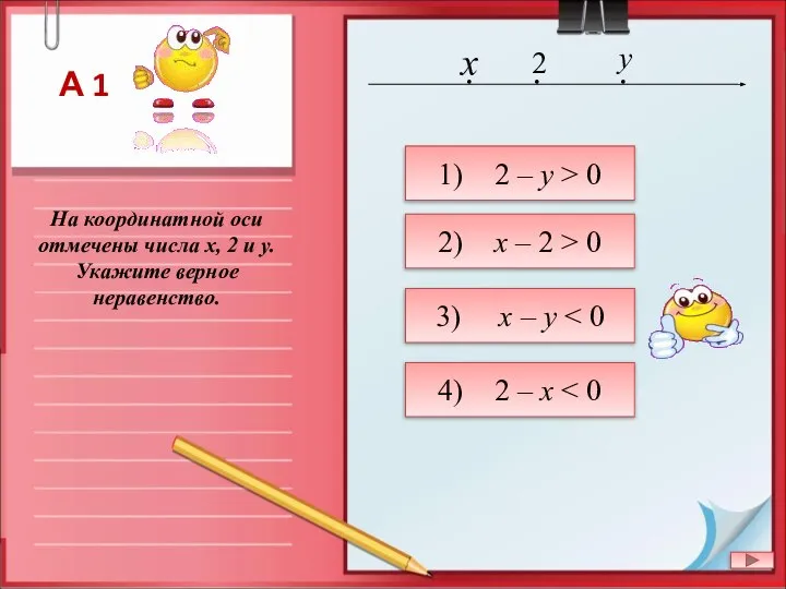 На координатной оси отмечены числа x, 2 и y. Укажите верное