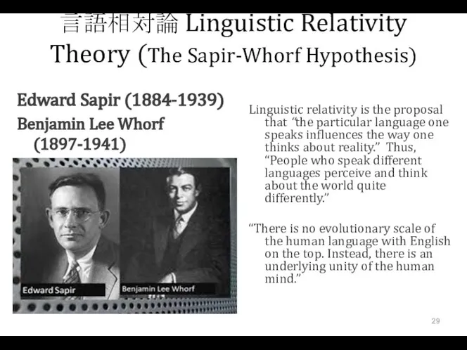言語相対論 Linguistic Relativity Theory (The Sapir-Whorf Hypothesis) Edward Sapir (1884-1939) Benjamin