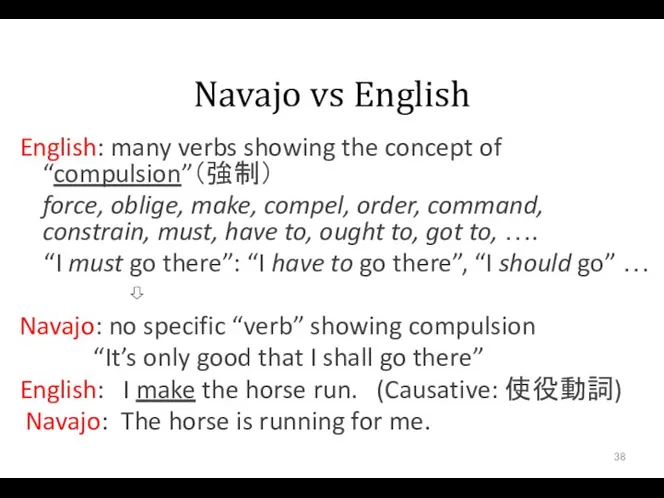 Navajo vs English English: many verbs showing the concept of “compulsion”（強制）