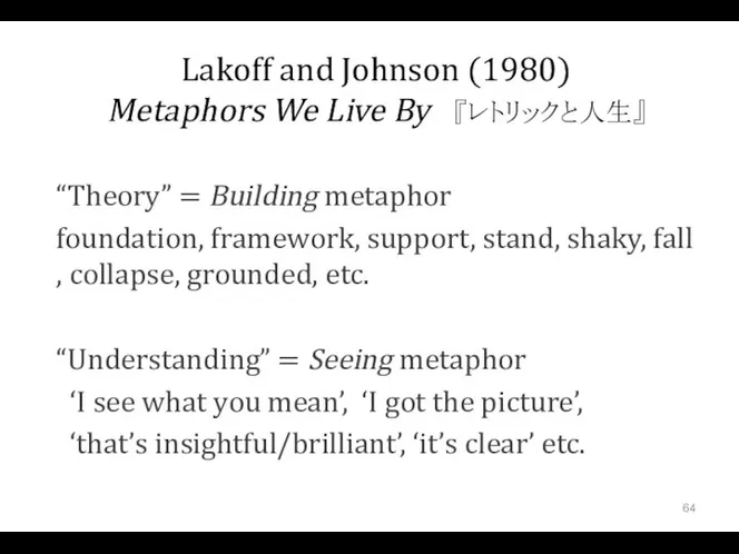 Lakoff and Johnson (1980) Metaphors We Live By 『レトリックと人生』 “Theory” =