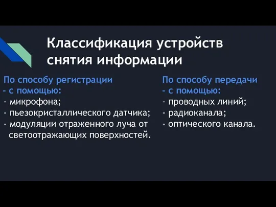 Классификация устройств снятия информации​ По способу регистрации - с помощью: -