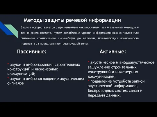 Методы защиты речевой информации Защита осуществляется с применением как пассивных, так