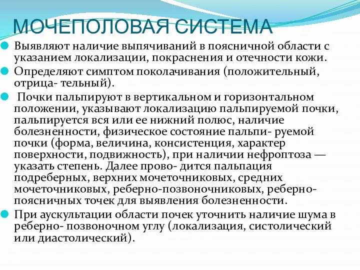 МОЧЕПОЛОВАЯ СИСТЕМА Выявляют наличие выпячиваний в поясничной области с указанием локализации,