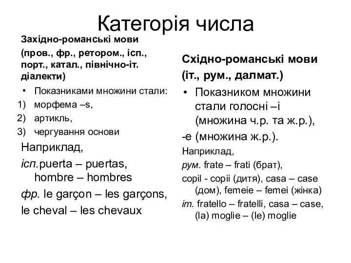 Категорія числа Західно-романські мови (пров., фр., ретором., ісп., порт., катал., північно-іт.