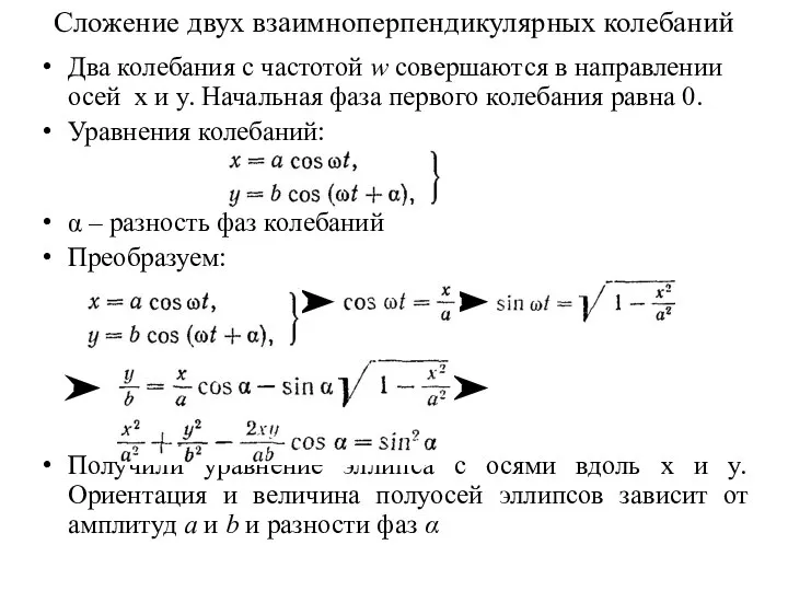 Два колебания с частотой w совершаются в направлении осей x и